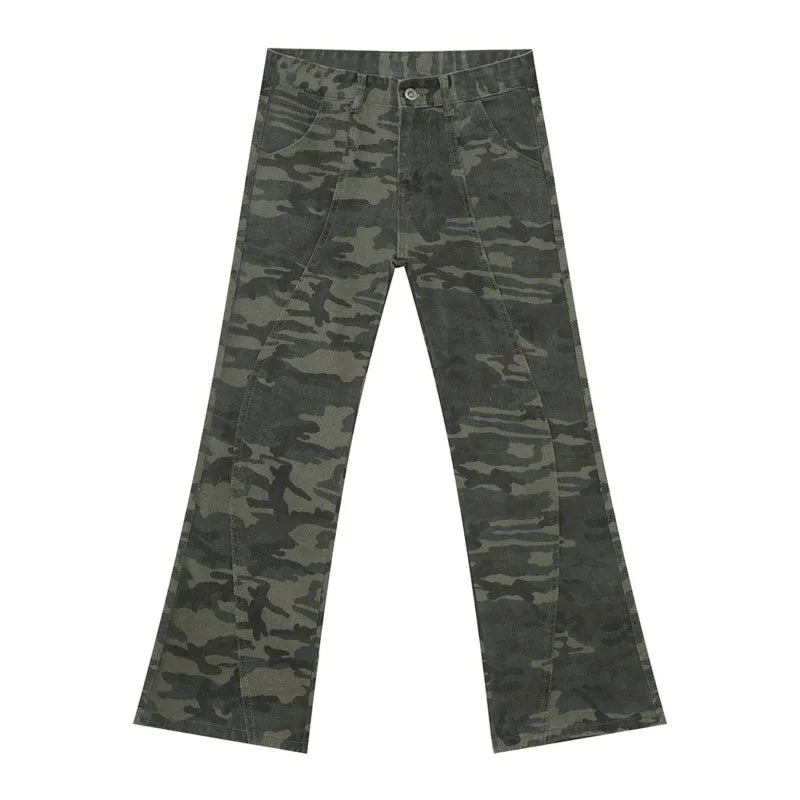 Korean Style Men's Denim Pants Camouflage Patchwork Deconstruction Casual Straight Leg Boot-cut Trousers Fashion 9C8893