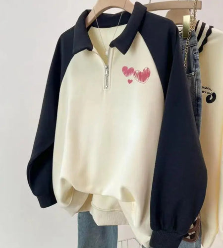 Korean Version 2024 Autumn Winter Beige Patchwork Heart-shaped Print Zipper Sweatshirt Women Long Sleeve Festival Pullover Tops