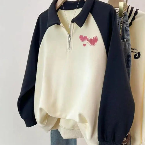 Load image into Gallery viewer, Korean Version 2024 Autumn Winter Beige Patchwork Heart-shaped Print Zipper Sweatshirt Women Long Sleeve Festival Pullover Tops
