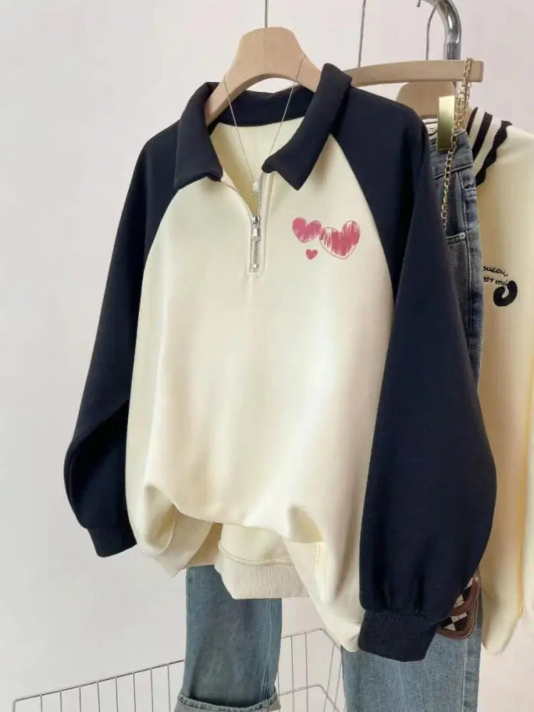 Korean Version 2024 Autumn Winter Beige Patchwork Heart-shaped Print Zipper Sweatshirt Women Long Sleeve Festival Pullover Tops