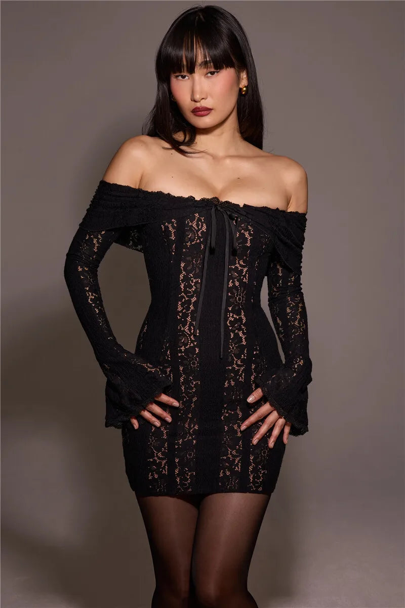 Lace Off-shoulder Sexy Maxi Dress Women Strapless Backless Long Sleeve Bodycon Evening Club Party Long Dress Elegant