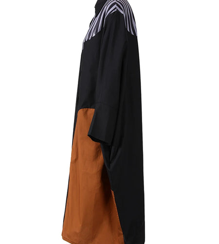 Women Black Striped Color-block Big Size Midi Shirt Dress New Lapel Long Sleeve Fashion Tide Spring Autumn 2025 1DD0068