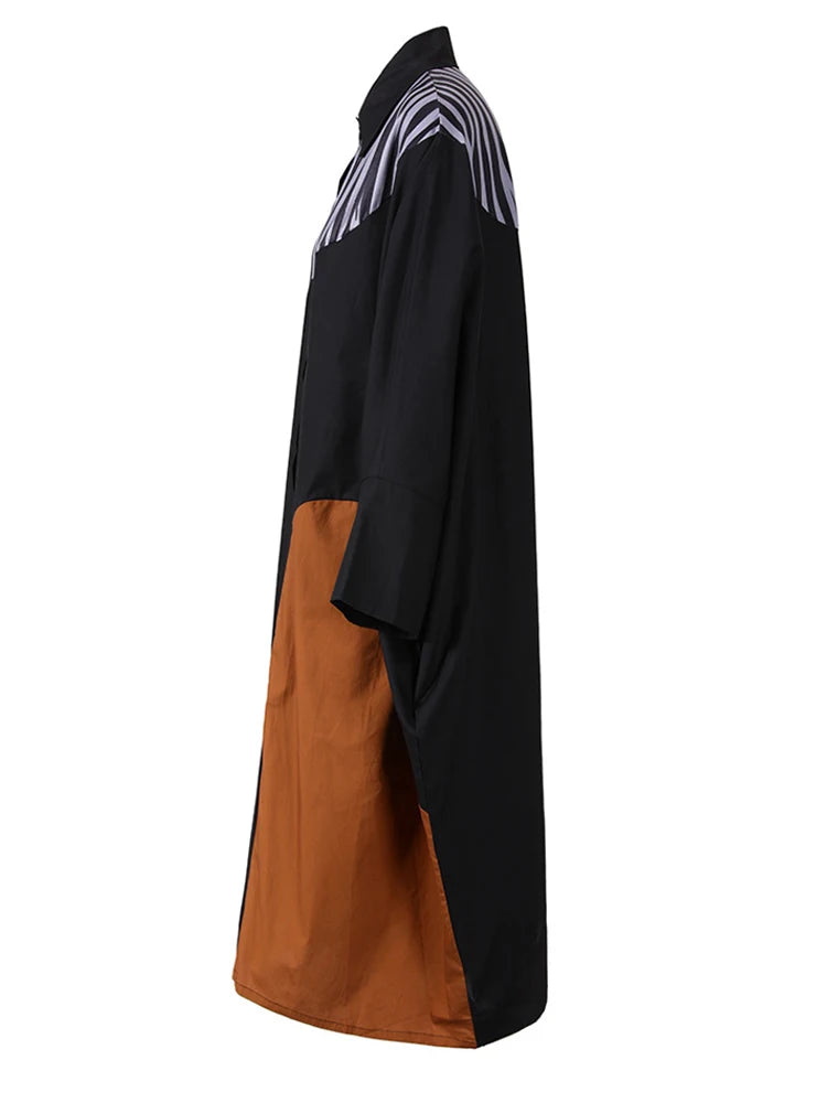 Women Black Striped Color-block Big Size Midi Shirt Dress New Lapel Long Sleeve Fashion Tide Spring Autumn 2025 1DD0068