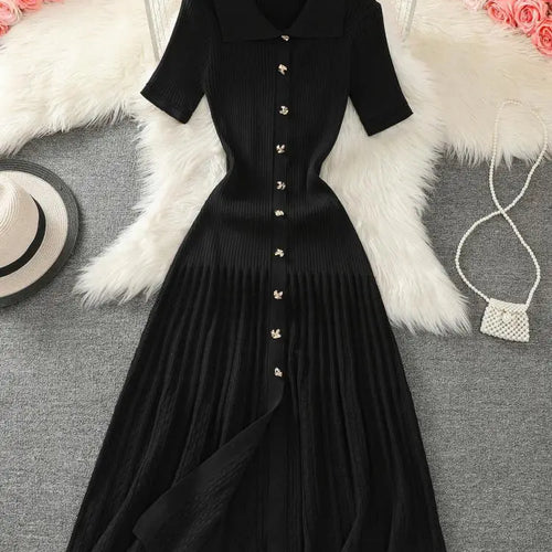 Load image into Gallery viewer, Summer 2024 New Women's Black Beige Single Breasted Knitted Long Dress Green Elegant Office Lady Short Sleeve Pleated Dress Chic
