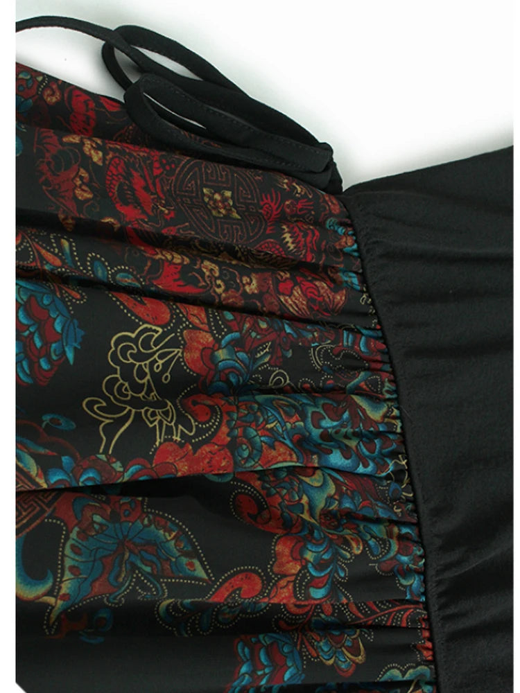 Women Black Pattern Printed Big Size Midi Dress New Round Neck Short Sleeve Fashion Tide Spring Summer 2025 1DJ0298