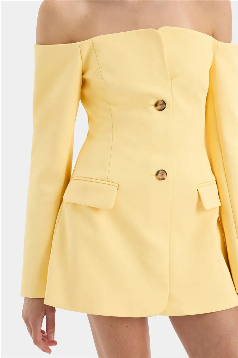 Off-shoulder Strapless Sexy Blazer Dress For Women Fashion Solid Zipper Two Pocket Long Sleeve Backless Mini Dress