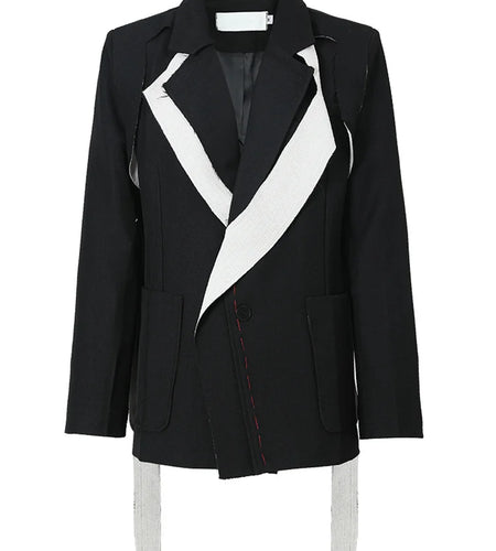 Women Black Topstitched Color-block Big Size Blazer New Lapel Long Sleeve Jacket Fashion Tide Spring Autumn 2025 1W51901