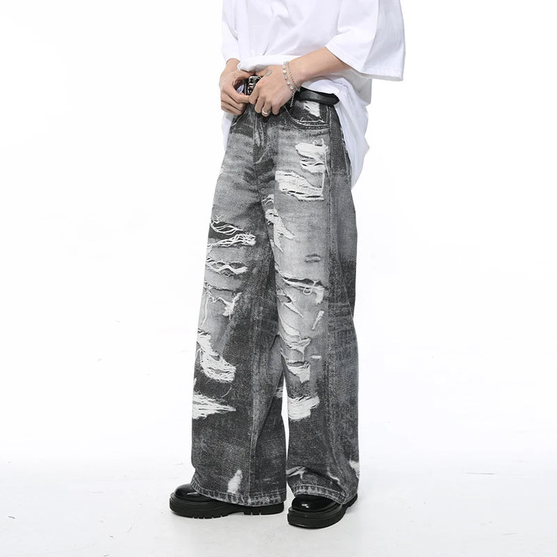 Men's Jeans Summer New Fashion Streetwear Style Hole Worn-out Design Loose Washed Male Denim Pants Straight 9C5394