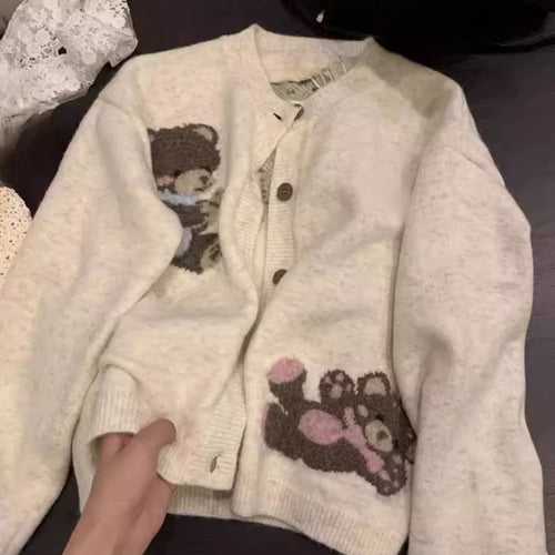 Load image into Gallery viewer, Preppy Style Kawaii Cute Casual Cardigans Y2k Aesthetic Women Knitted Cartoon Jacquard Tops Harajuku Single Breasted Loose Coats
