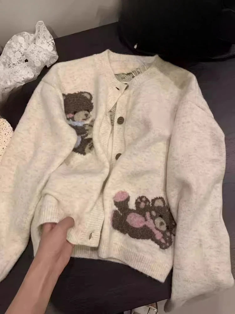 Preppy Style Kawaii Cute Casual Cardigans Y2k Aesthetic Women Knitted Cartoon Jacquard Tops Harajuku Single Breasted Loose Coats