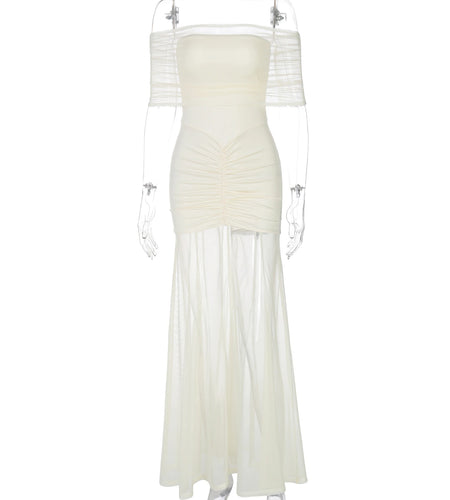 Slash Neck Solid Short Sleeve Patchwork Mesh Ruched Sexy Maxi Dress See Through Women Elegant Outfits Party Holiday