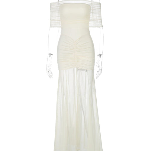 Load image into Gallery viewer, Slash Neck Solid Short Sleeve Patchwork Mesh Ruched Sexy Maxi Dress See Through Women Elegant Outfits Party Holiday
