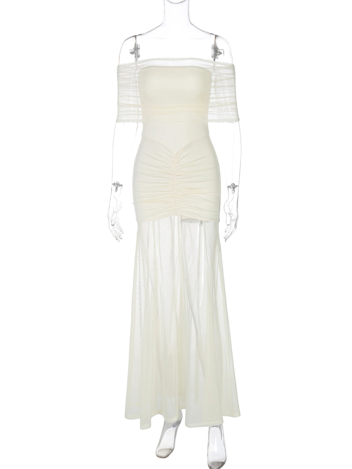 Slash Neck Solid Short Sleeve Patchwork Mesh Ruched Sexy Maxi Dress See Through Women Elegant Outfits Party Holiday