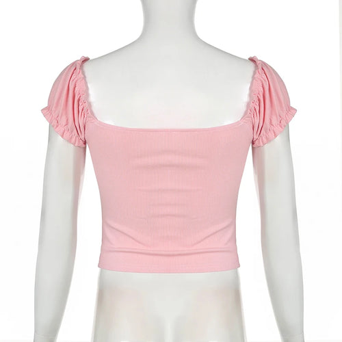 Load image into Gallery viewer, Hotsweet Bow Lace Trim Pink T-shirts for Women Ruched Korean Fashion Crop Top Coquette Clothes Kawaii Tees Slim Short
