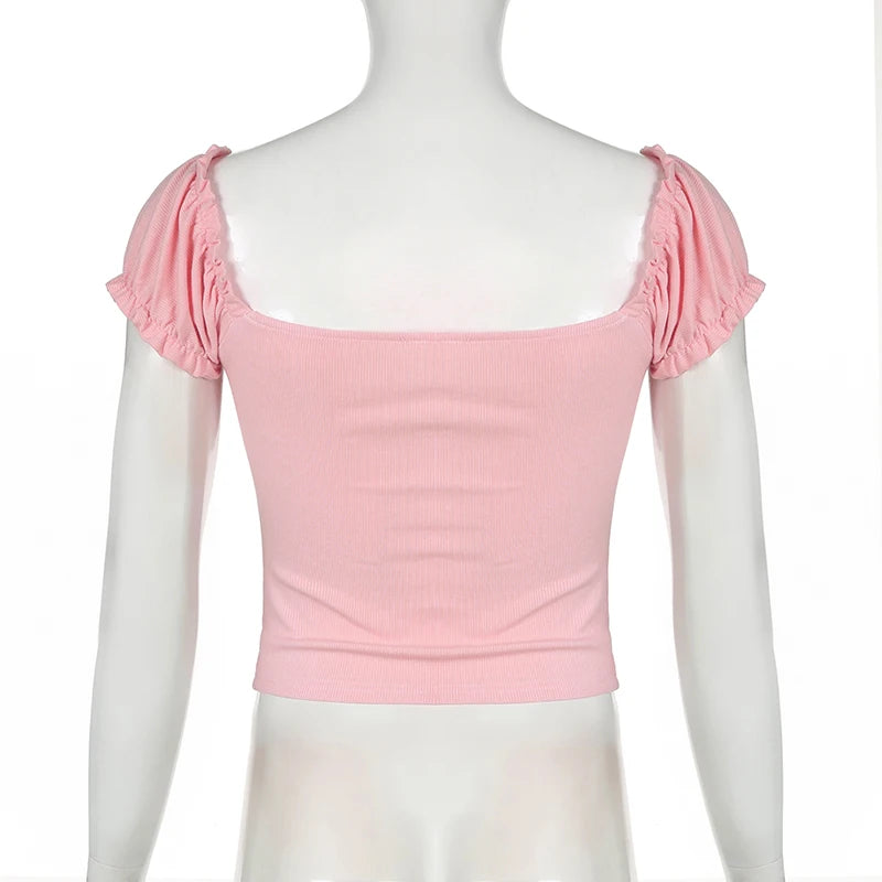 Hotsweet Bow Lace Trim Pink T-shirts for Women Ruched Korean Fashion Crop Top Coquette Clothes Kawaii Tees Slim Short