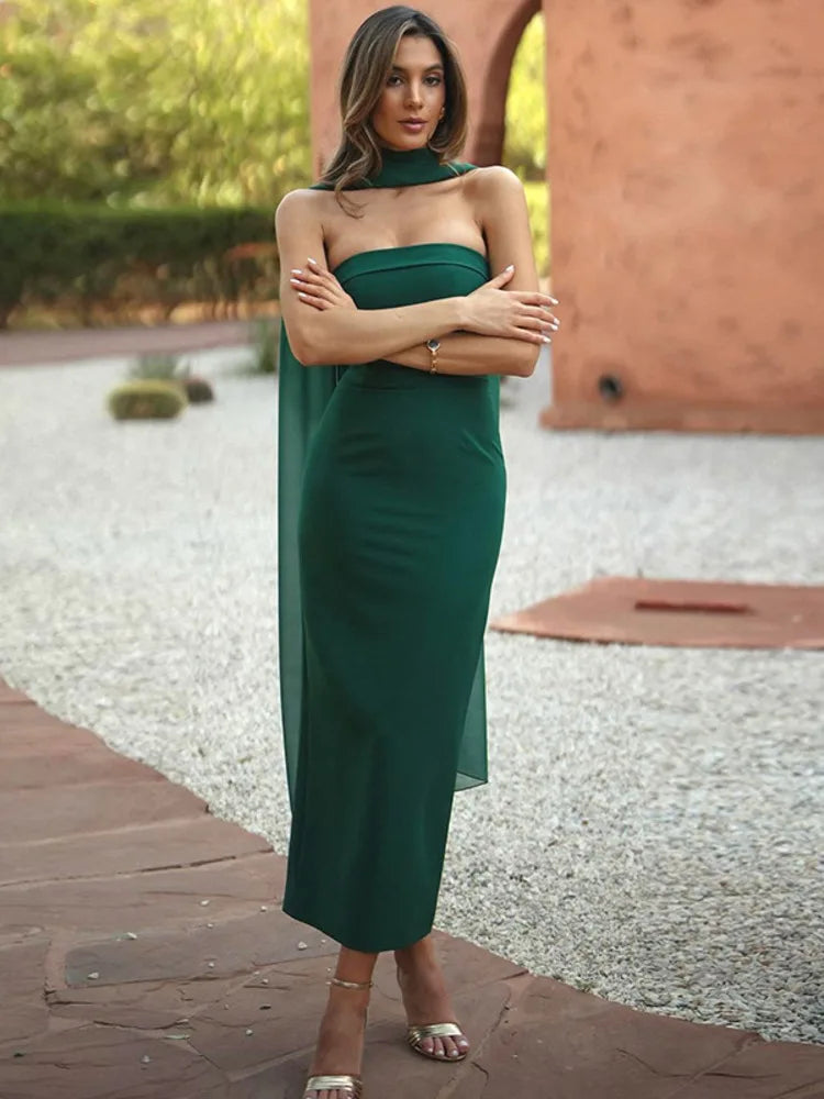 Scarf Collar Strapless Sexy Maxi Dress Women Gown Off-shoulder Sleeveless Backless Bodycon Club Party Long Dress 2025