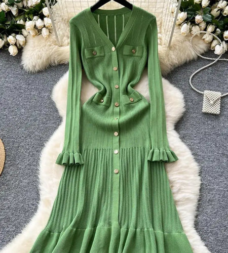 Autumn 2024 New Women Black White Single Breasted Slim Knitted Dress French Green Elegant V Neck Ruffles Long Sleeve Dress Trend