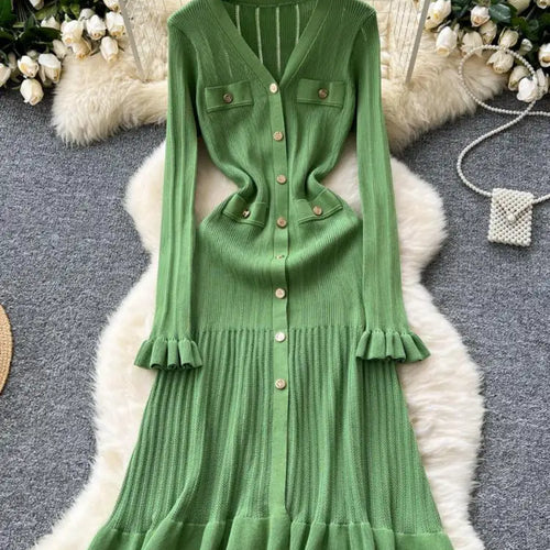 Load image into Gallery viewer, Autumn 2024 New Women Black White Single Breasted Slim Knitted Dress French Green Elegant V Neck Ruffles Long Sleeve Dress Trend
