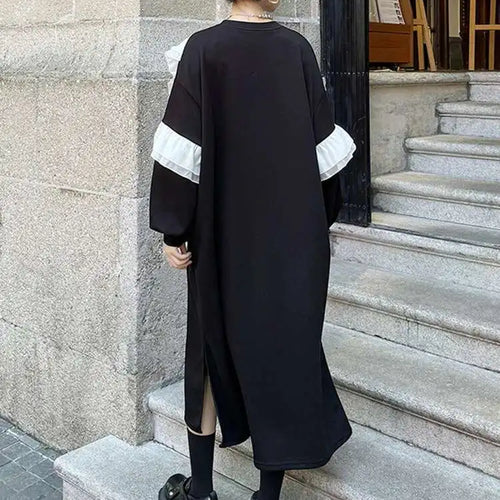 Load image into Gallery viewer, Women Black Ruffles Spliced Big Size Long Casual Dress New Round Neck Long Sleeve Fashion Tide Spring Autumn 2025 1DH7701
