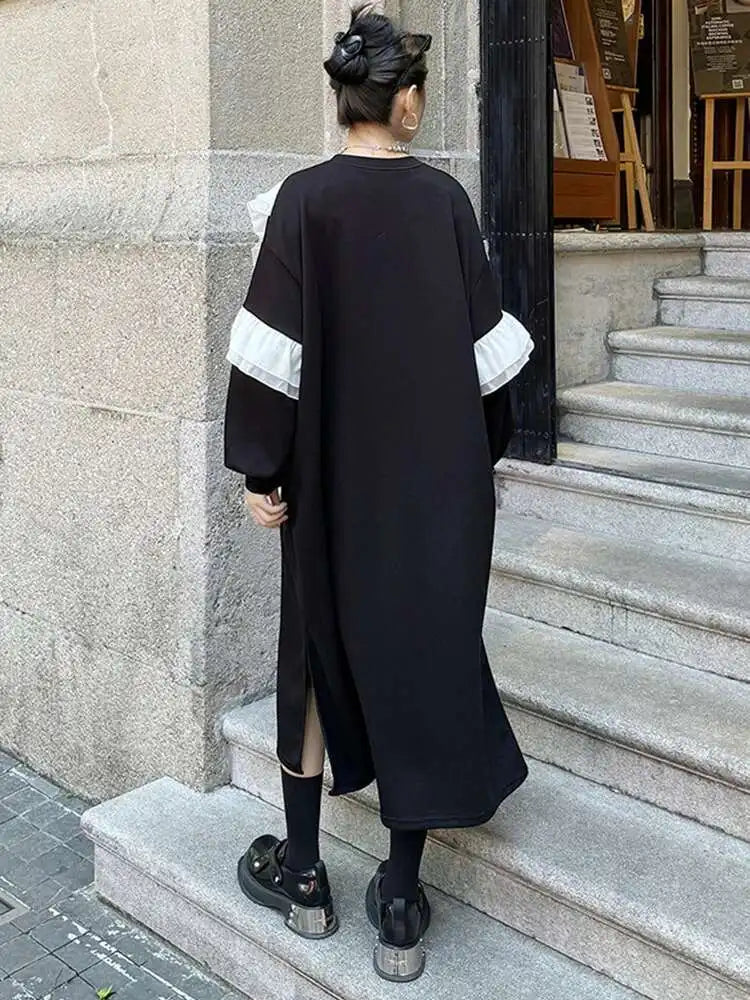 Women Black Ruffles Spliced Big Size Long Casual Dress New Round Neck Long Sleeve Fashion Tide Spring Autumn 2025 1DH7701