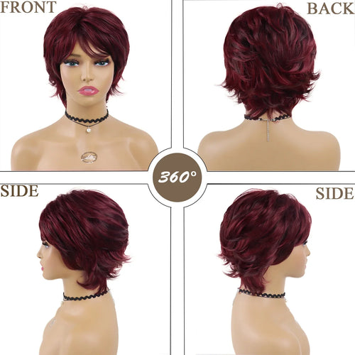 Load image into Gallery viewer, Synthetic Natural Wigs for Women Short Pixie Cut Wig Wine Red Hairstyle Mommy Wig with Bangs Heat Resistant Lady Wig
