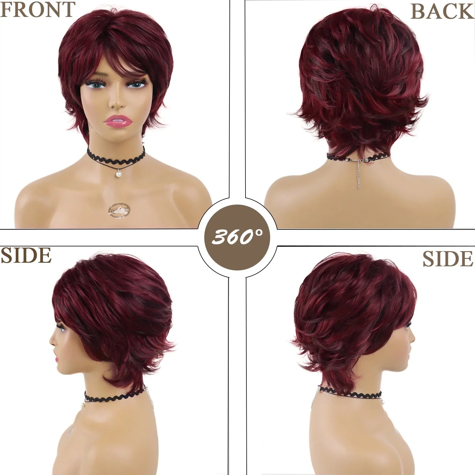 Synthetic Natural Wigs for Women Short Pixie Cut Wig Wine Red Hairstyle Mommy Wig with Bangs Heat Resistant Lady Wig