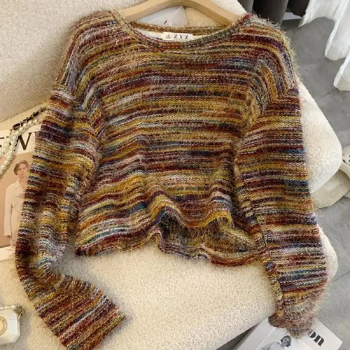 Load image into Gallery viewer, Autumn Winter Vintage O-neck Long Sleeve Casual Mink Striped Patchwork Sweater Women Knitted Pullovers Short Top Boho French Y2k
