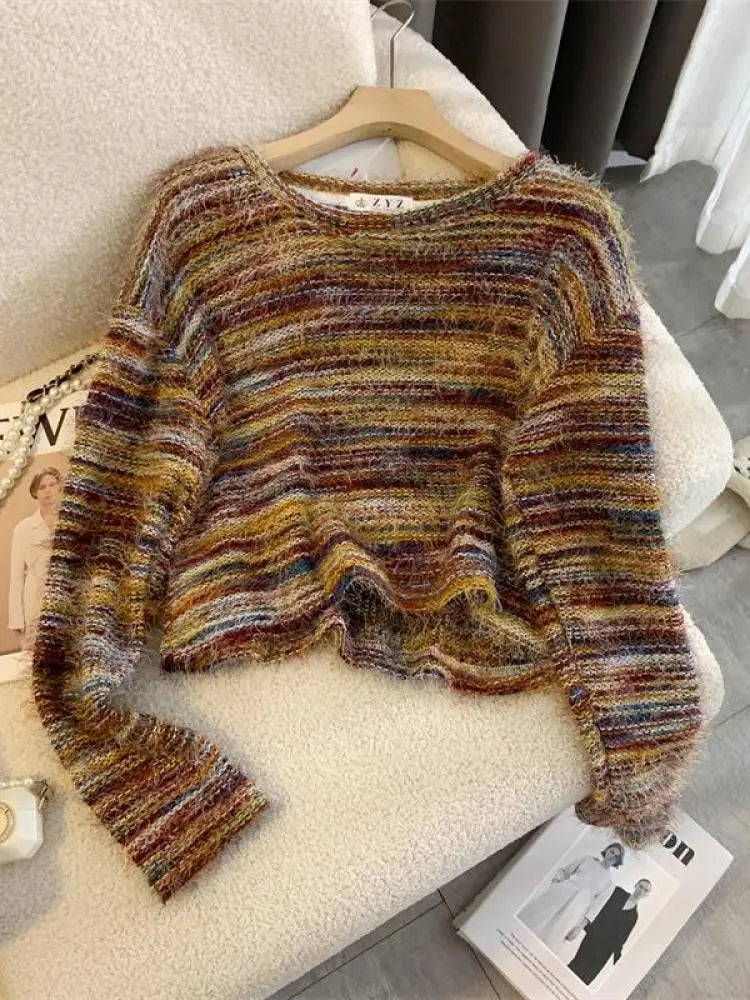Autumn Winter Vintage O-neck Long Sleeve Casual Mink Striped Patchwork Sweater Women Knitted Pullovers Short Top Boho French Y2k