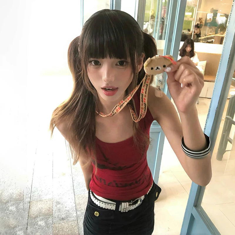 Japanese Y2k Letter Print Tank Top Trashy 2000s Style Red Tanktop Vintage Harajuku Sleeveless Crop Top American Retro
