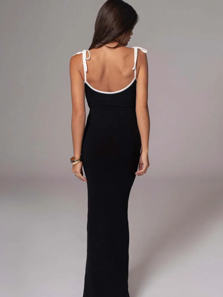 Elegant Spaghetti Strap High Elastic Tight Long Dress Women Sexy V-neck Backless Bodycon Autumn 2024 Party Evening Dress