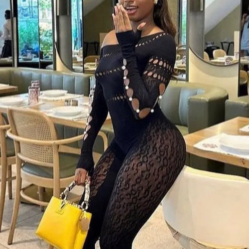 Load image into Gallery viewer, Sexy Long Sleeved Mesh Hollow Out Patch Women Jumpsuit 2024 Fall New Elastic Tight Fitting Female Street Club Clothing
