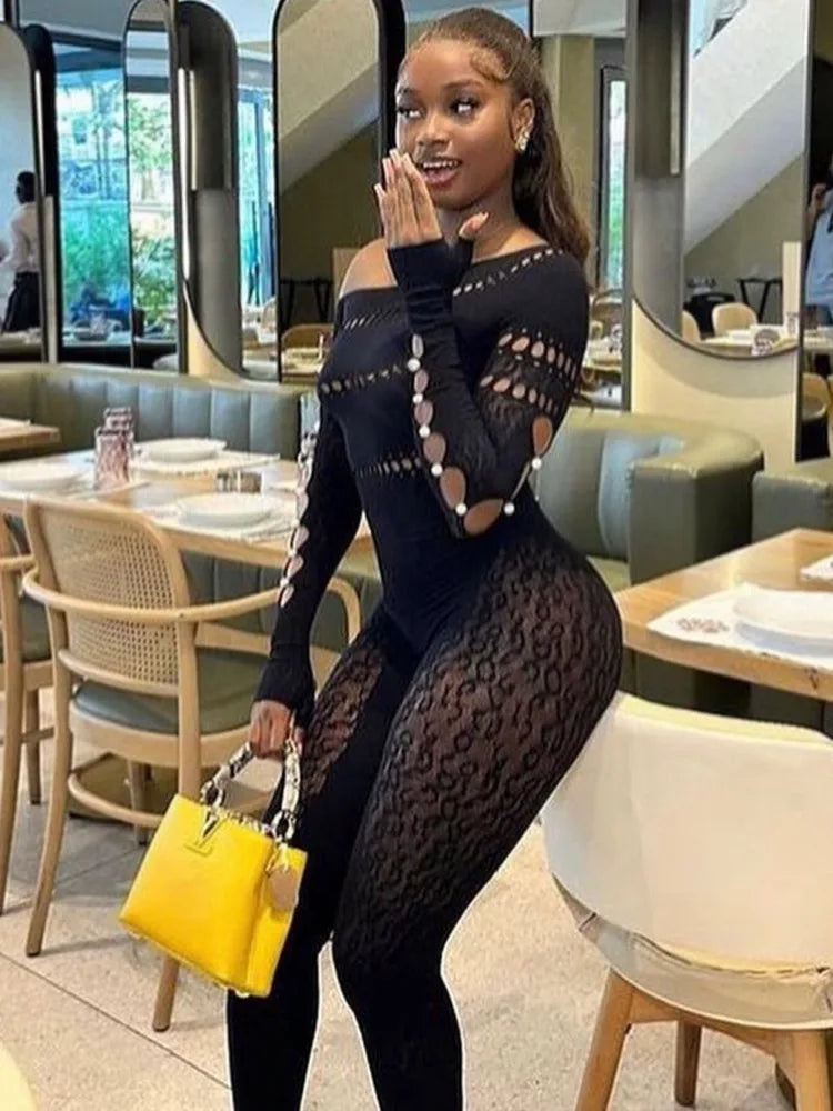 Sexy Long Sleeved Mesh Hollow Out Patch Women Jumpsuit 2024 Fall New Elastic Tight Fitting Female Street Club Clothing