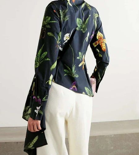 Women‘s Elengant Shirts & Blouses Spring Autumn Long Sleeve Flower Print Asymmetric Office Daily Top Woman Clothing