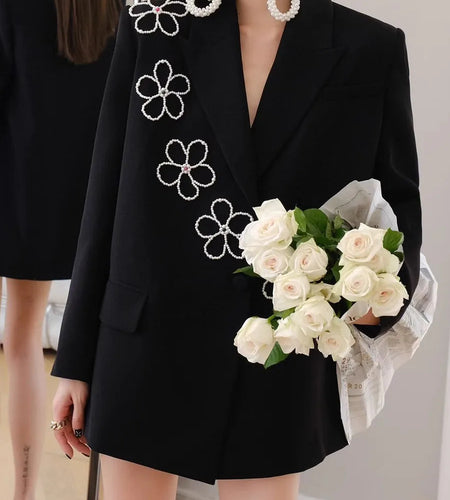 Pearl Three-dimensional Flower Blazer For Women Notchede Collar Hit Color Casual Chic Designer Blazers Female New