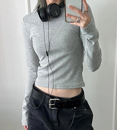 Casual White Skinny Women T-shirt Basic Fashion All-Match Autumn Crop Top Crew Neck Tee Shirt Spring Korean Clothing