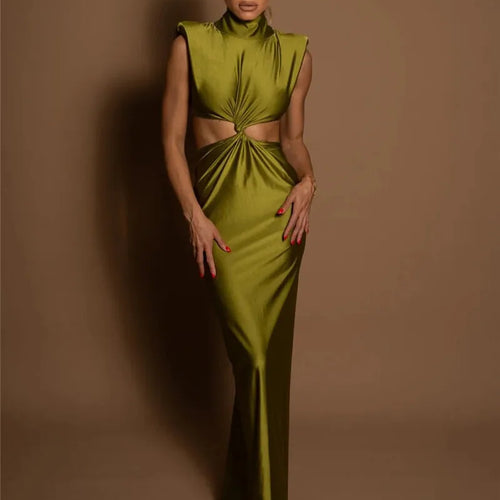 Load image into Gallery viewer, Hollow Out Turtleneck Sexy Maxi Dress For Women Fashion Solid Sleeveless Bodycon Tank Dresses Femme Club Party Dress
