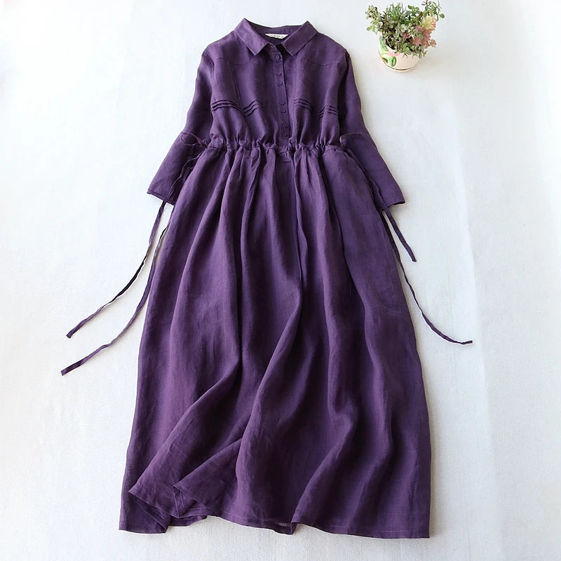 Summer Elegant Dress Women Casual Medium Long Simple Style Vintage Dresses Female Draw String Sash Loose Shirt Dress Elegant