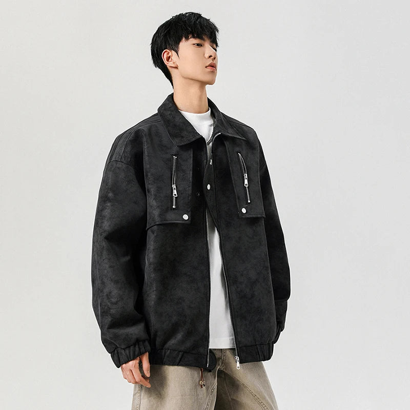 Men's Jacket New American Design PU Leather Turn-down Collar Mulit Zippers Trendy Male Clothing Spring 2025 9W1392