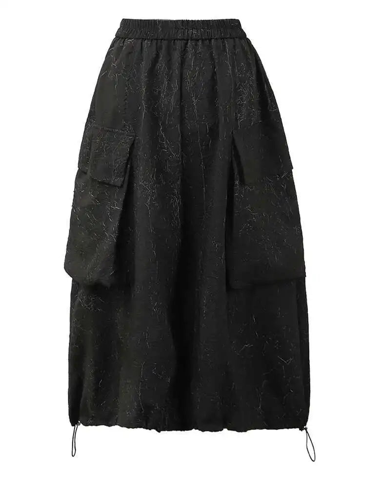 High Elastic Waist Black Big Pocket Drawstring Midi Half-body Skirt Women Fashion Tide New Spring Autumn 2025 1DH5352