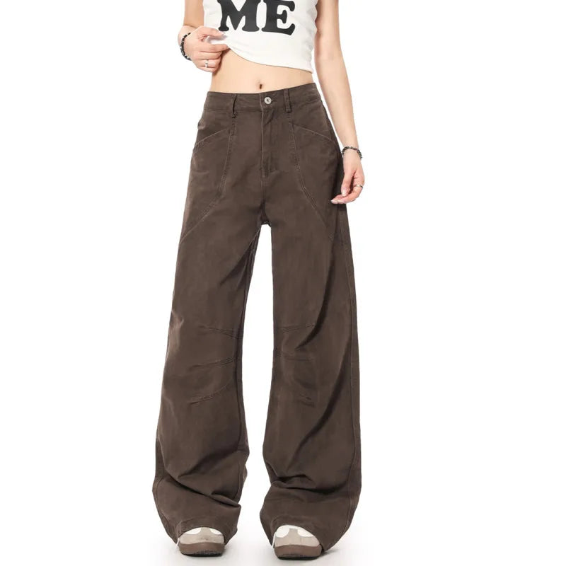 Men's Cargo Pants American Straight Wide Leg Solid Color Trendy Streetwear Simple Male Causal Loose Trousers 9W1928