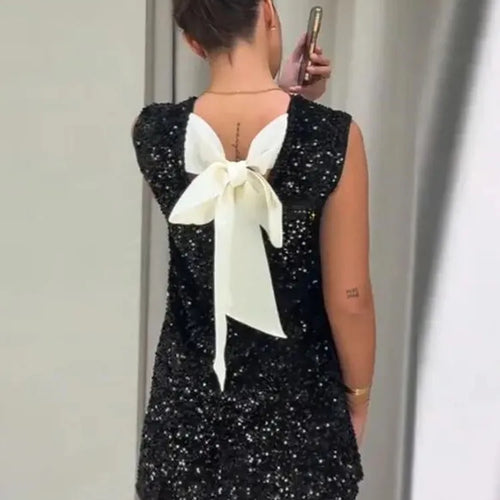 Load image into Gallery viewer, Sequins Backless Bow Sexy Mini Dress For Women Robe 2025 New Sleeveless A-line Sparkle Club Dress Elegant Vestido
