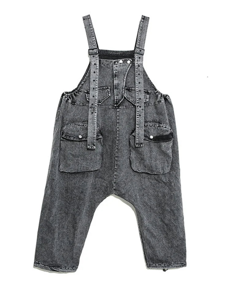 High Waist Black Pockets Denim Big Size Overalls Trousers New Loose Fit Pants Women Fashion Tide Spring Autumn 2025 1K164