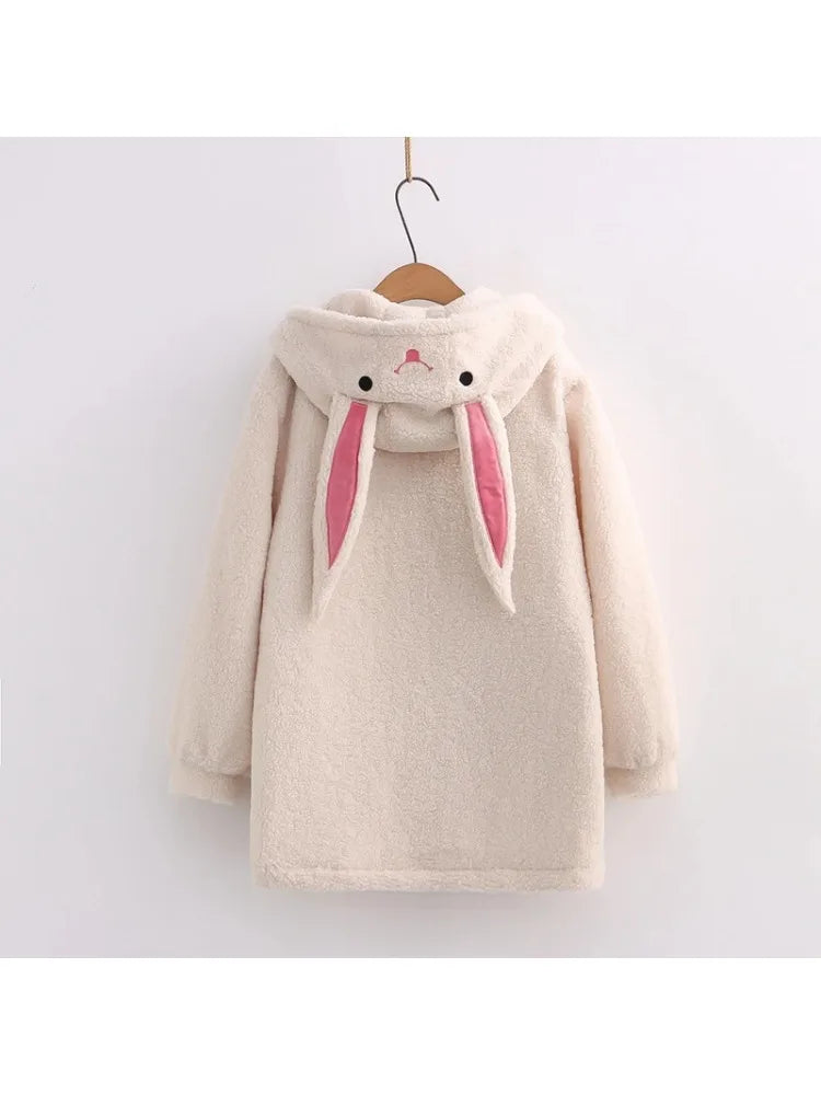 Women Wool & Blends Hooded Coats JacketsSolid Sweet Style Cartoon Rabbit Embroidery Harajuku Outerwear Winter Cute Tops