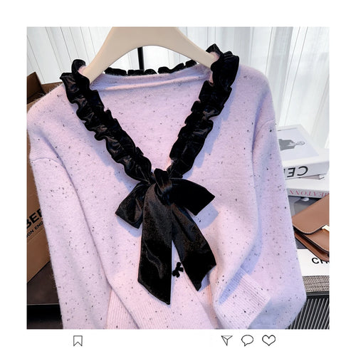 Load image into Gallery viewer, Autumn Winter French Patchwork Elegant V Neck Bow Ruffles Single Breasted Short Sweater Women New Long Sleeved Knitted Tops 2024
