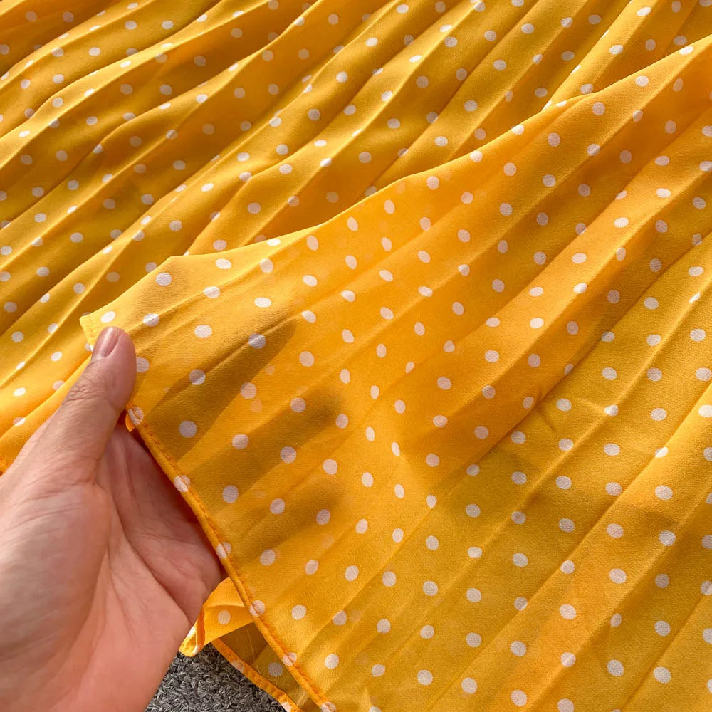 Vintage Pleated Dress for Women Polka Pot Puff Long Sleeve O Neck Elegant A Line Dresses 2023 High Waisted Casual Dress