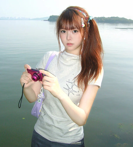 Japanese Y2k Stand Collar T-shirt Trashy 2000s Style Short Sleeve Tee Shirt Vintage Harajuku Streetwear American Retro