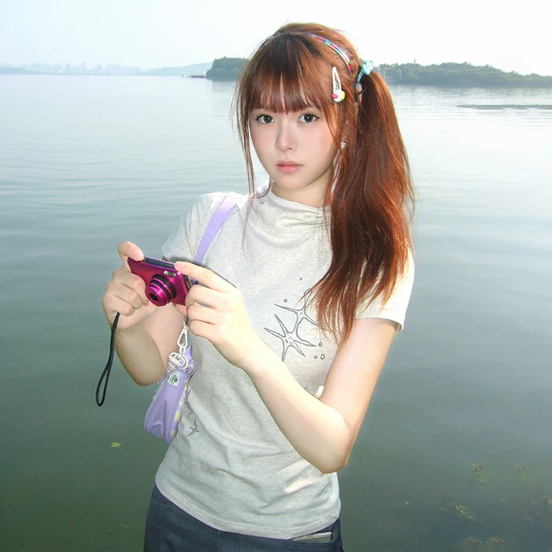 Japanese Y2k Stand Collar T-shirt Trashy 2000s Style Short Sleeve Tee Shirt Vintage Harajuku Streetwear American Retro