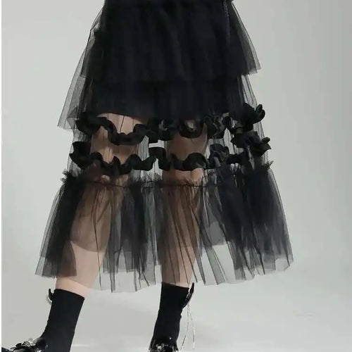 Load image into Gallery viewer, High Elastic Waist Black Irregular Mesh Perspective Midi Half-body Skirt Women Fashion Tide New Spring Autumn 2025 1DF7528
