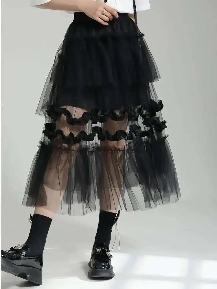 High Elastic Waist Black Irregular Mesh Perspective Midi Half-body Skirt Women Fashion Tide New Spring Autumn 2025 1DF7528