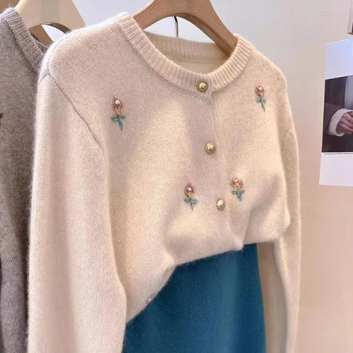 Load image into Gallery viewer, Vintage 2024 New Beige Flower Embroidery Elegant Versatile Knitted Sweater Women Autumn Winter Grey Long Sleeve Cardigan Tops
